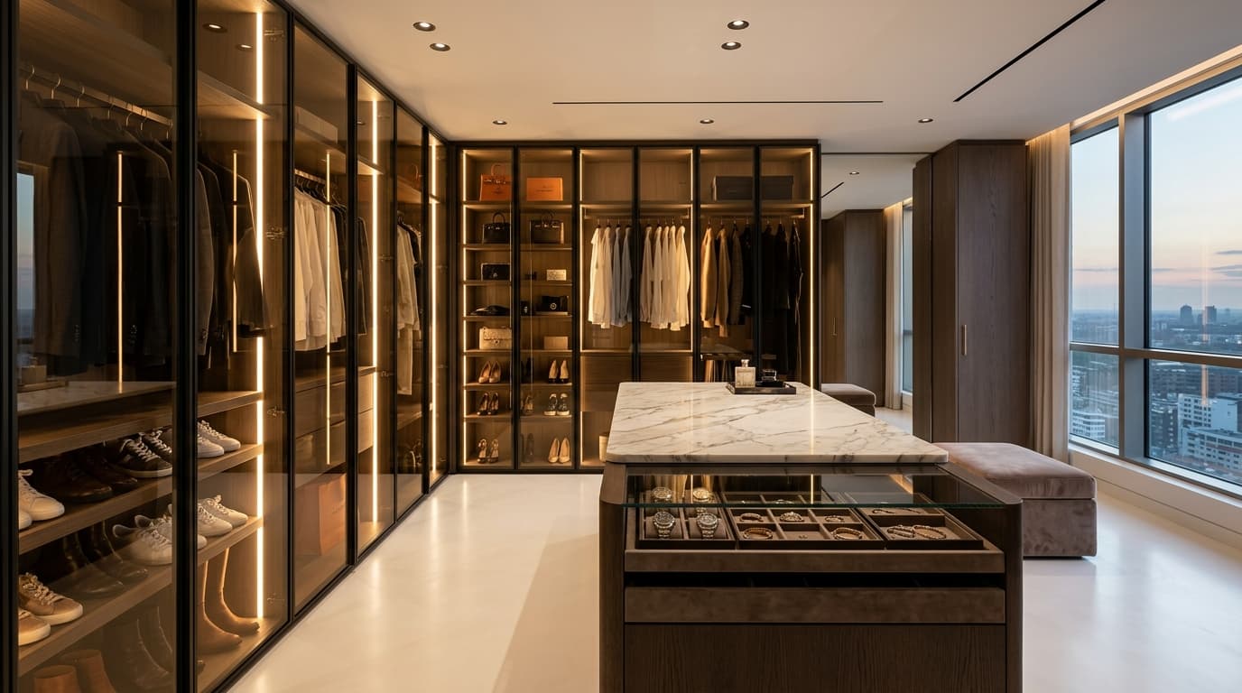 Luxury walk-in closet suite with bronze glass doors and backlit shelves