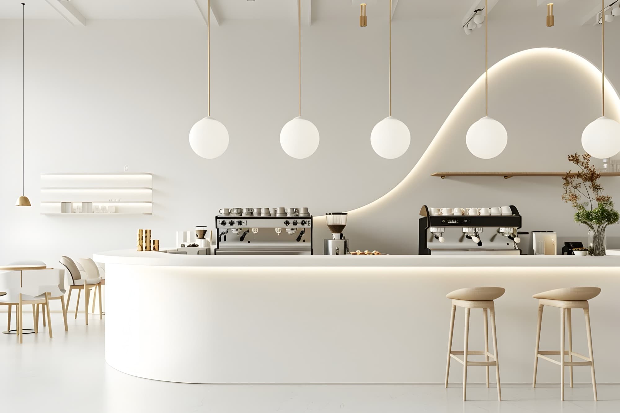 Minimal café with a glossy white service counter