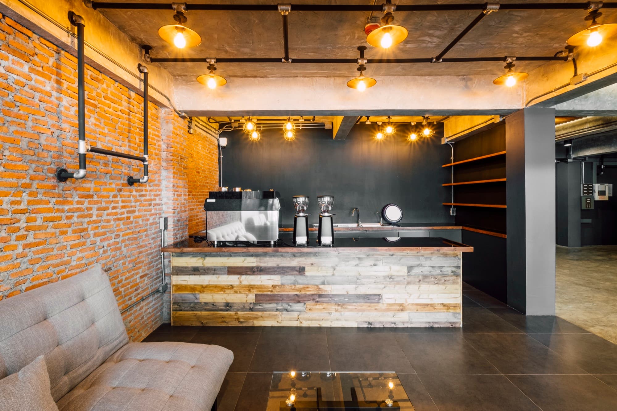 Hotel café and bar with a long wooden counter