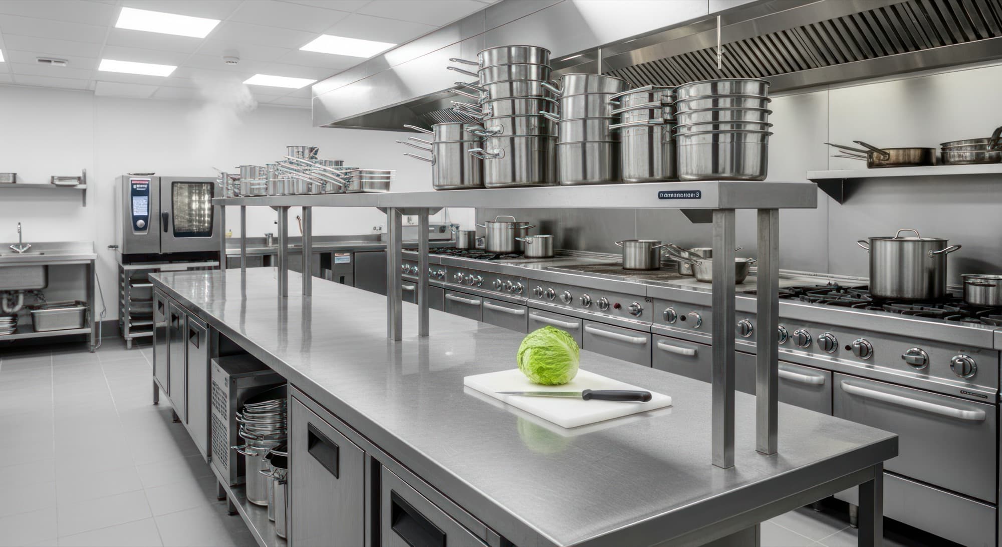 Stainless steel racks and tables in a commercial kitchen