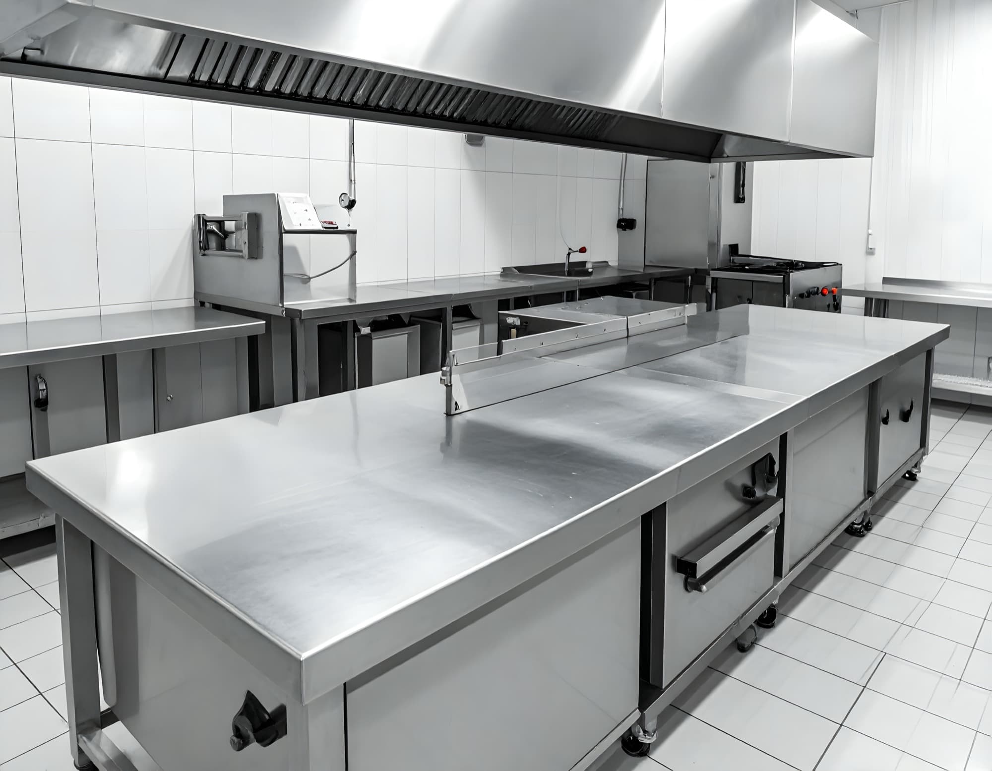 Stainless steel work tables and counters in a commercial kitchen